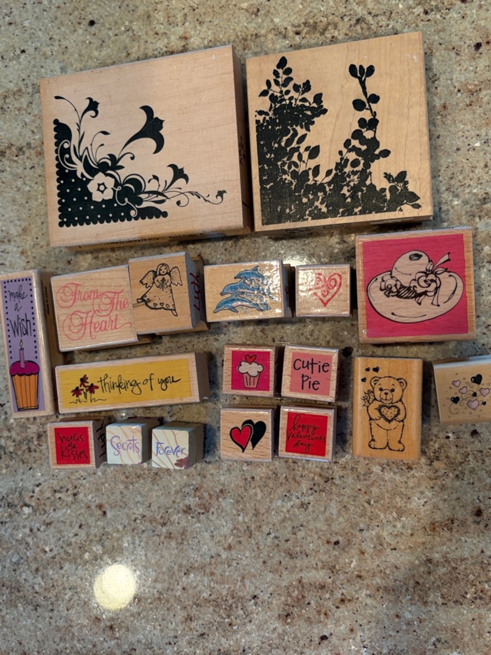 Stamps rubber wood set of 18, GUC Wooden Craft Stampin Up Floral Hearts Animals